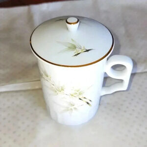 Tatung Fine China porcelain lidded tea cup white with green gold accent